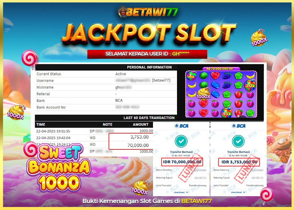DOUBLE MANIS! Rp.73.753.000,- LUNAS KE REKENING GH***** DI SWEET BONANZA 1000 BETAWI77!