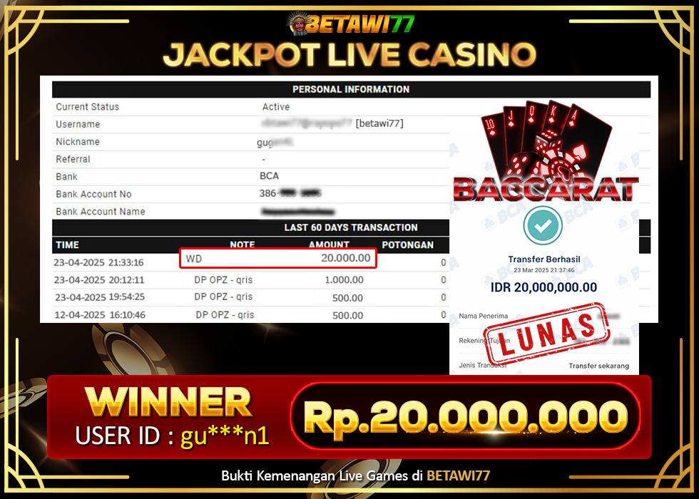 JACKPOT LIVE CASINO BACCARAT Rp. 20.000.000