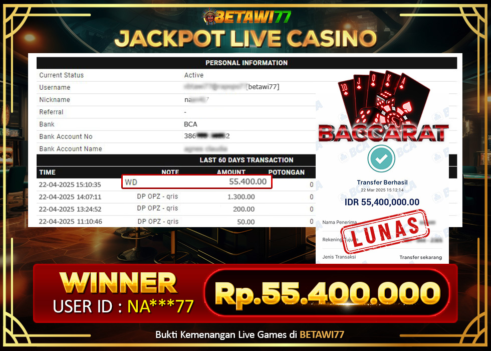 JACKPOT BACCARAT RP.55.400.000,- CAIR KE REKENING NA***77 DI BETAWI77!