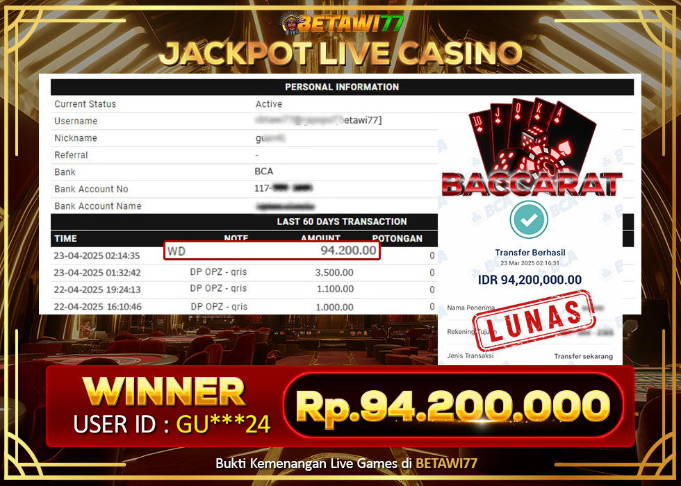 JACKPOT GEDE! Rp.94.200.000,- MASUK REKENING GU***24 DI BACCARAT BETAWI77!